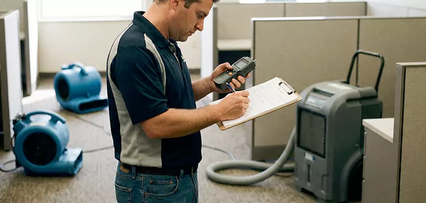Technician recording moisture readings on a clipboard during commercial drying.